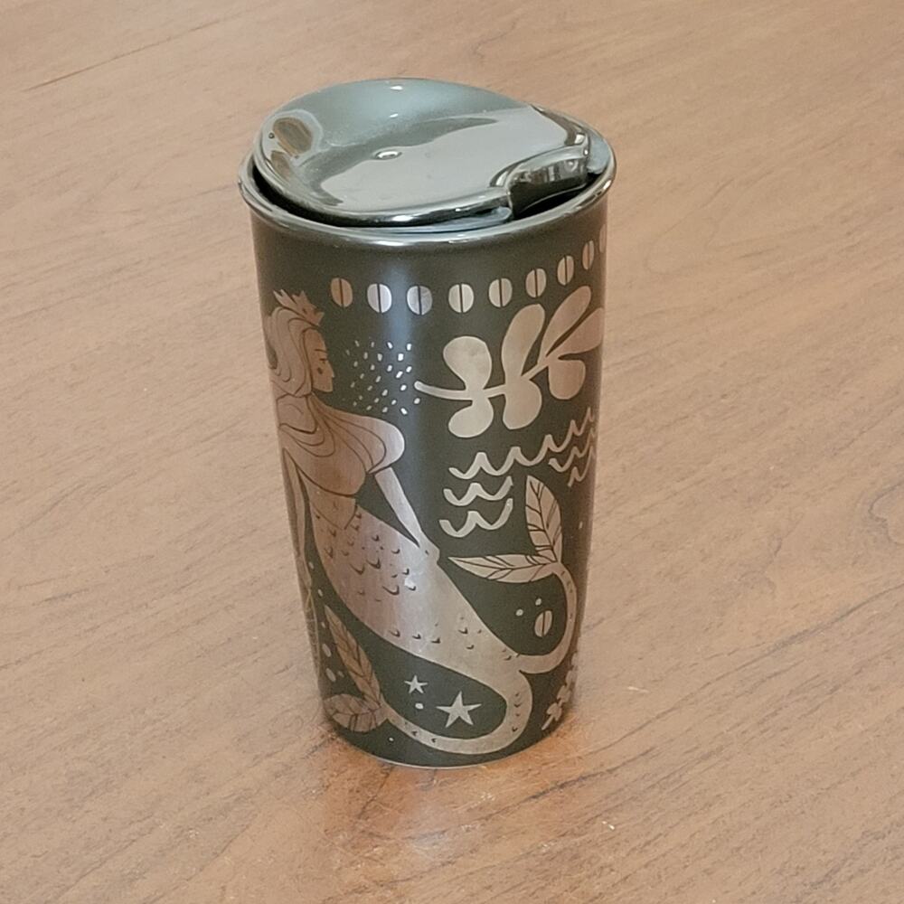 Starbucks Anniversary Black Gold Siren Coffee Ceramic Tumbler Travel Mug 12 oz